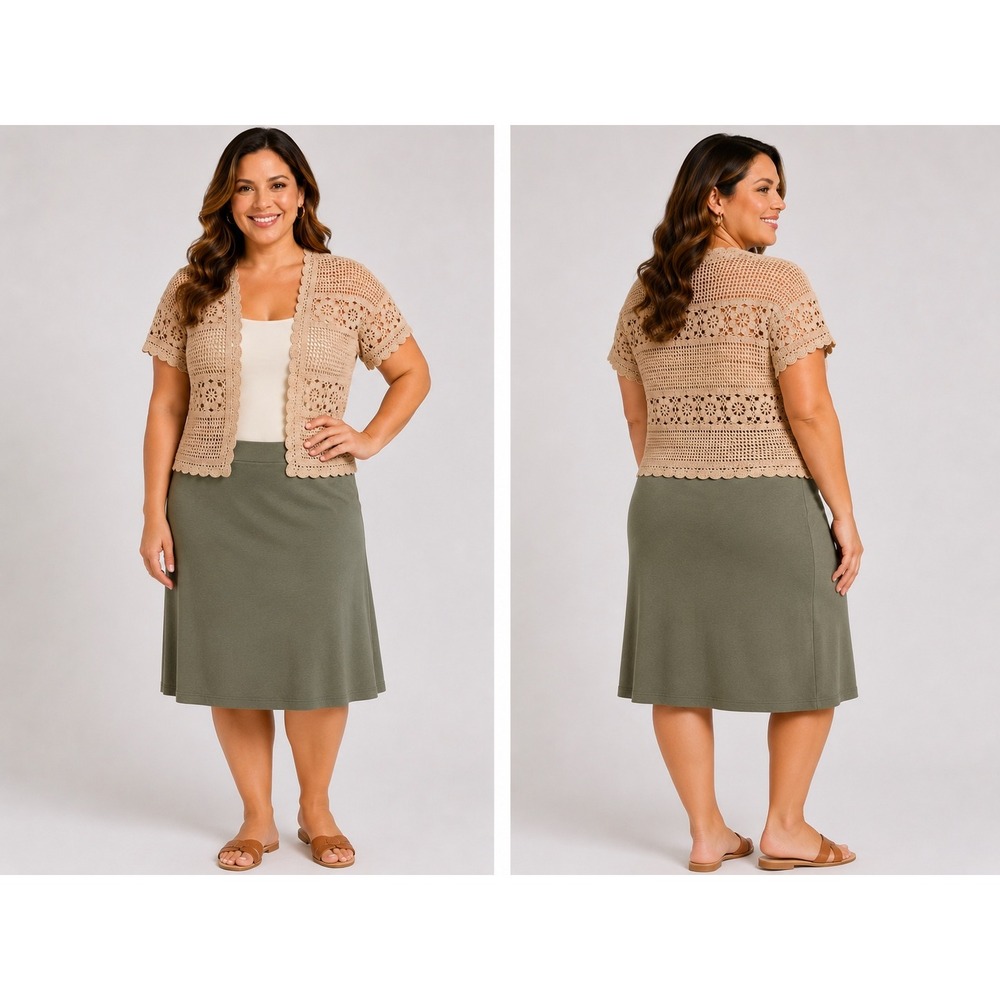 Dressbarn Womens XL Petite Crochet Cardigan Tan Floral Open Knit Shrug NWT